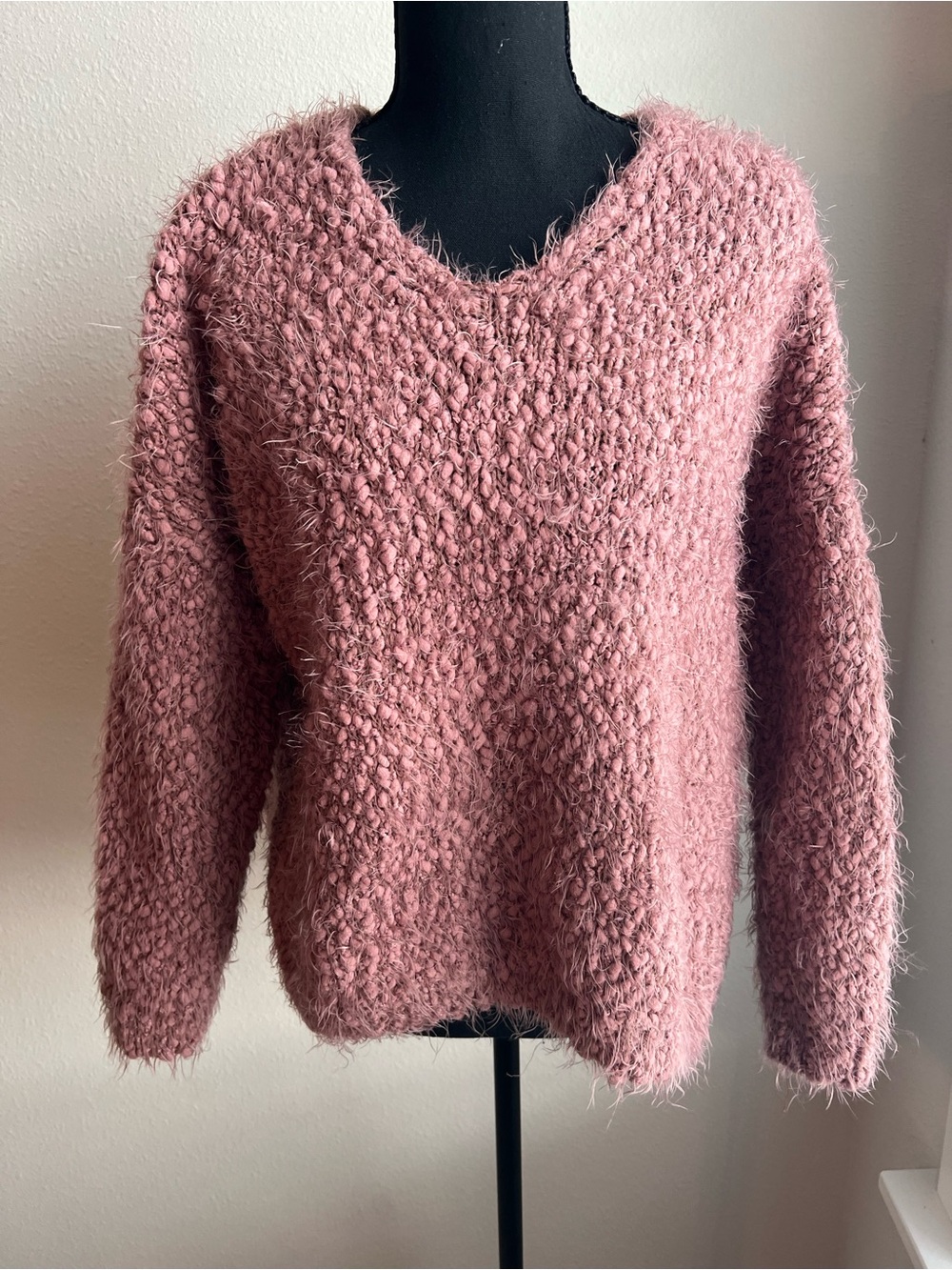Altar'd State Dusty Rose V-Neck Fuzzy Knit Sweater